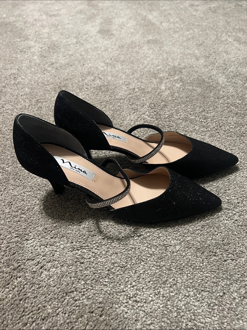 Nina New York Black Glitter Rhinestone Mary Jane Kitten Heels 9M NWOB